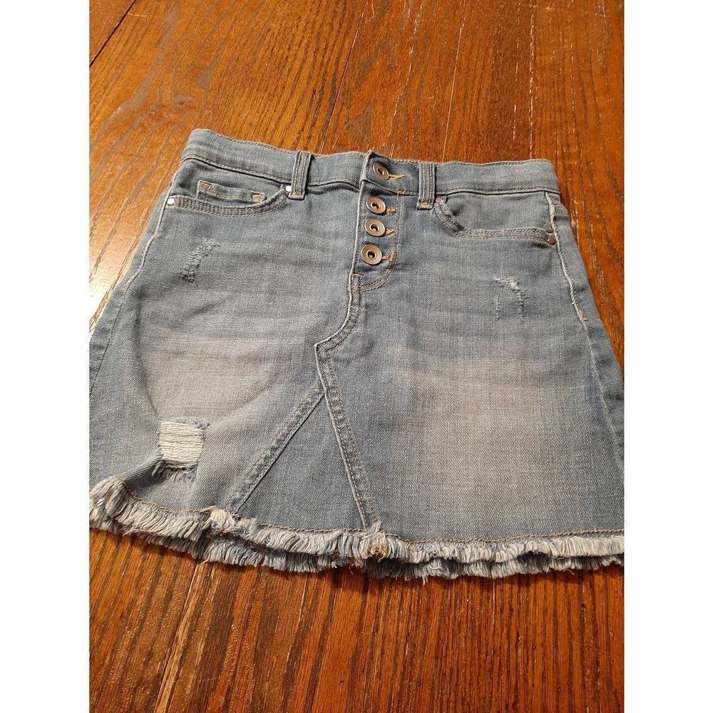 Girls size 10 Place Distressed Blue Denim Blue Jean Raw Hem Button Fly Skirt